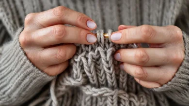 Temel örgü adımları: Yün ip ve tığ ile örgü yapan eller.