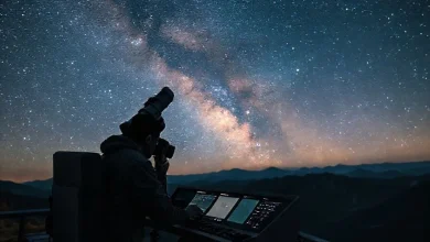 Astronomi teleskopları ile evreni gözlemleyen gökbilimciler.