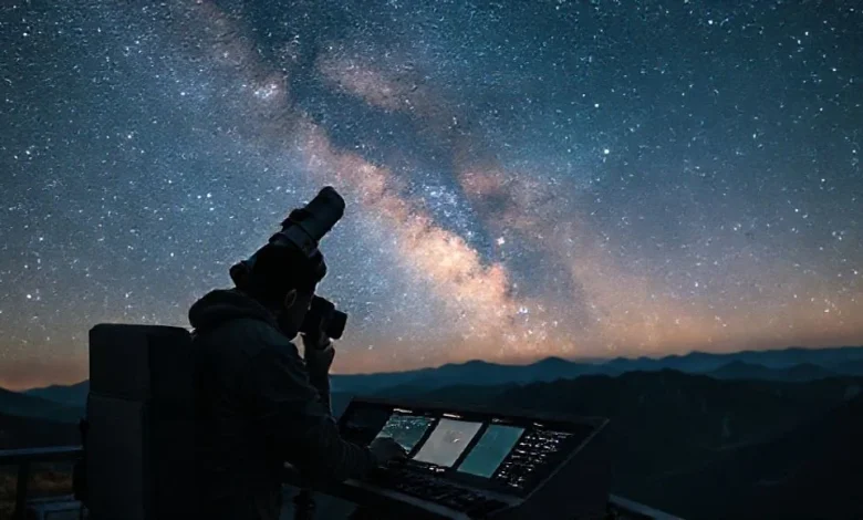 Astronomi teleskopları ile evreni gözlemleyen gökbilimciler.