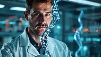 DNA sarmalı ve genetik kodun çözülmesini simgeleyen bilimsel görsel.