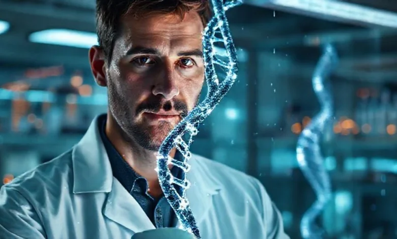 DNA sarmalı ve genetik kodun çözülmesini simgeleyen bilimsel görsel.