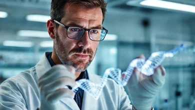 DNA sarmalı ve bilimsel sembollerle genetik mühendisliğinin olanakları ile sınırlarını gösteren görsel.