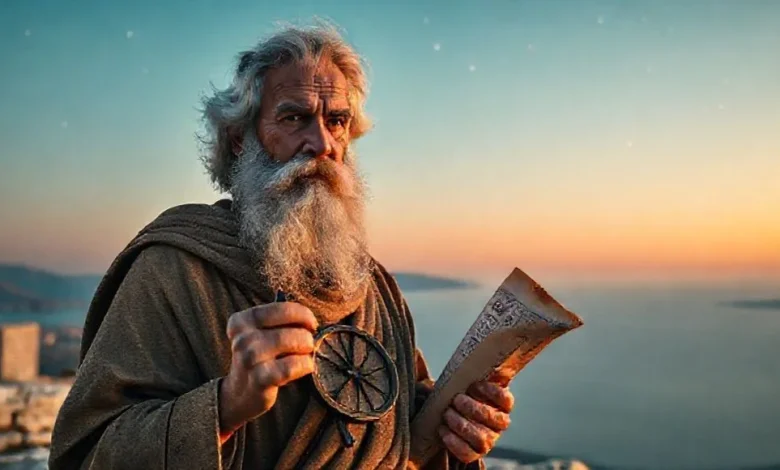 Matematiğin öncüsü Thales'in hayatını, çalışmalarını ve mirasını anlatan görsel.