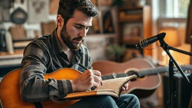 Etkileyici şarkı sözleri yazma teknikleri. Müzik not defteri ve kalemle şarkı yazan bir kişi.