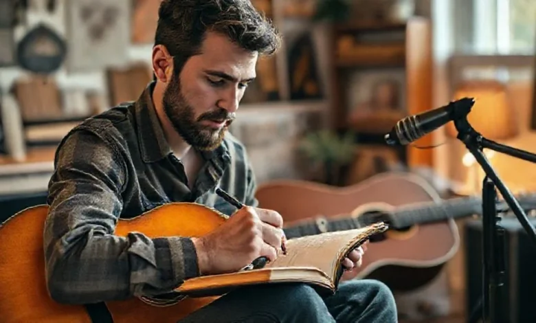 Etkileyici şarkı sözleri yazma teknikleri. Müzik not defteri ve kalemle şarkı yazan bir kişi.