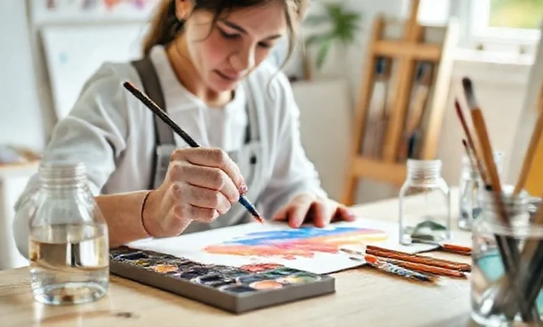Sulu boya temel tekniklerini ve kullanım ipuçlarını gösteren fırça ve boya paleti görseli.