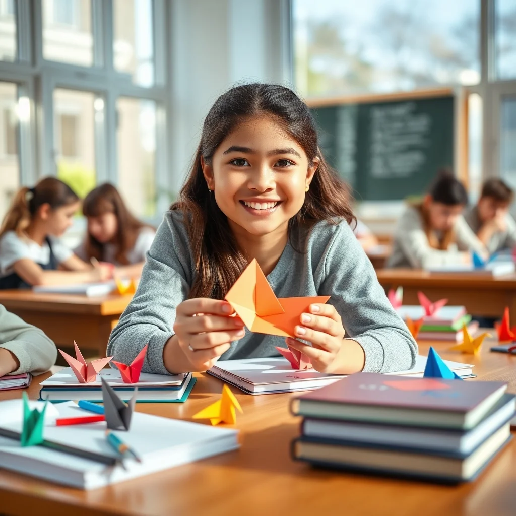 Ahşap masada renkli kağıt ile origami kuşu yapan eller ve adım adım kağıt katlama detayları.