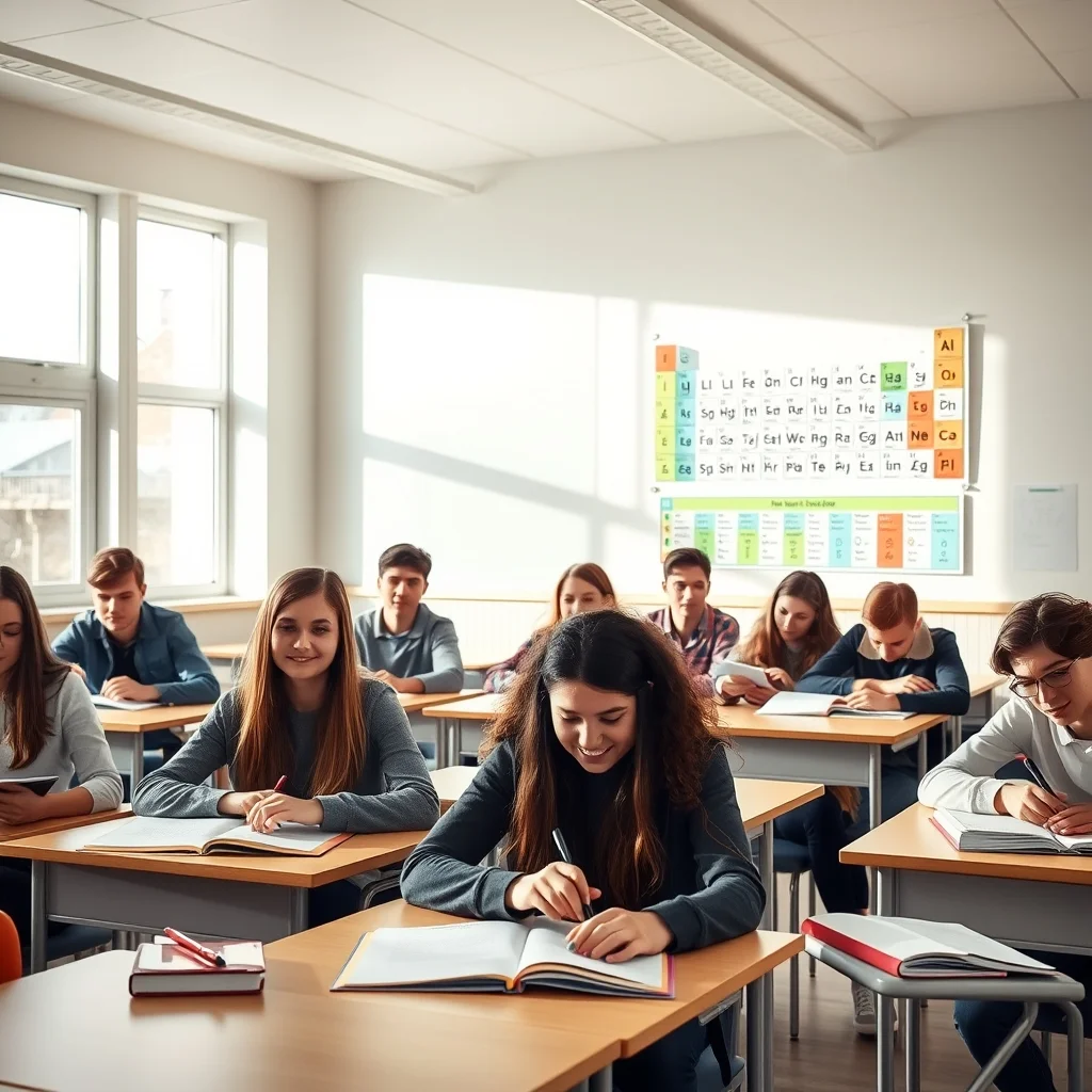 Modern bir laboratuvarda parlayan periyodik tablo özellikleri ve elementlerin renkli sembollerinin dijital gösterimi.