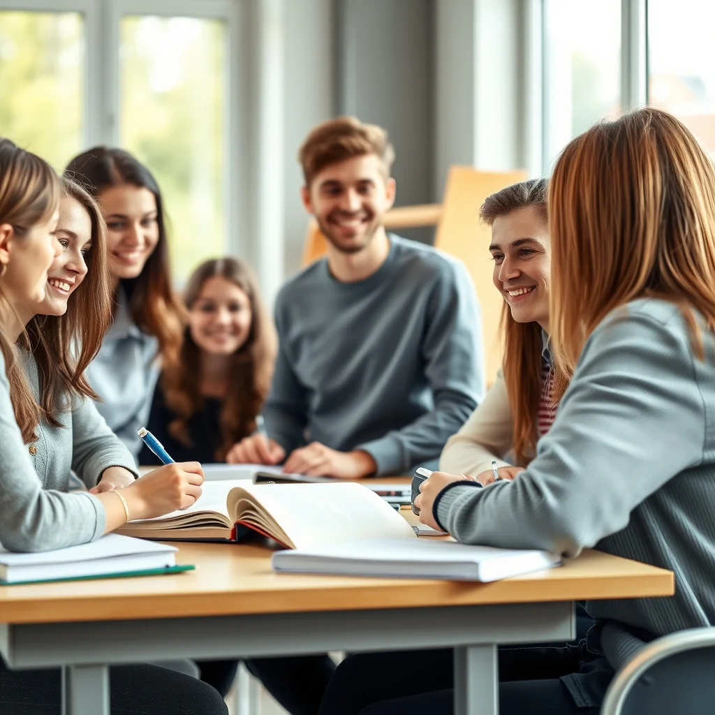 Kalabalık bir grupta gülümseyerek konuşan genç kadın, sosyal ortamlarda özgüvenli olma yolları sergiliyor.