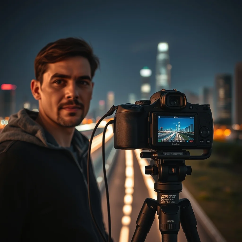 Gece şehir manzarasını üçayak üzerindeki kamerasıyla çeken ve gece fotoğrafçılığı ayarlarını uygulayan fotoğrafçı.