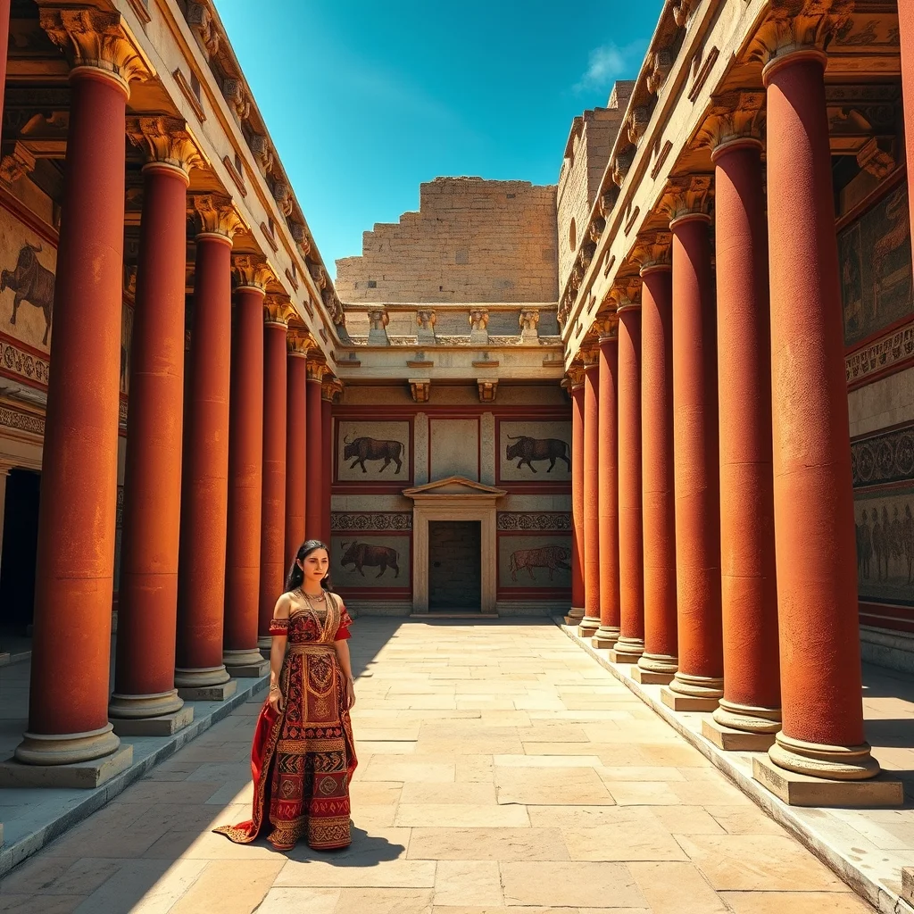 Antik Knossos Sarayı'nın sütunlu avlusunu ve duvar resimlerini gösteren Girit Uygarlığı temsili görseli.