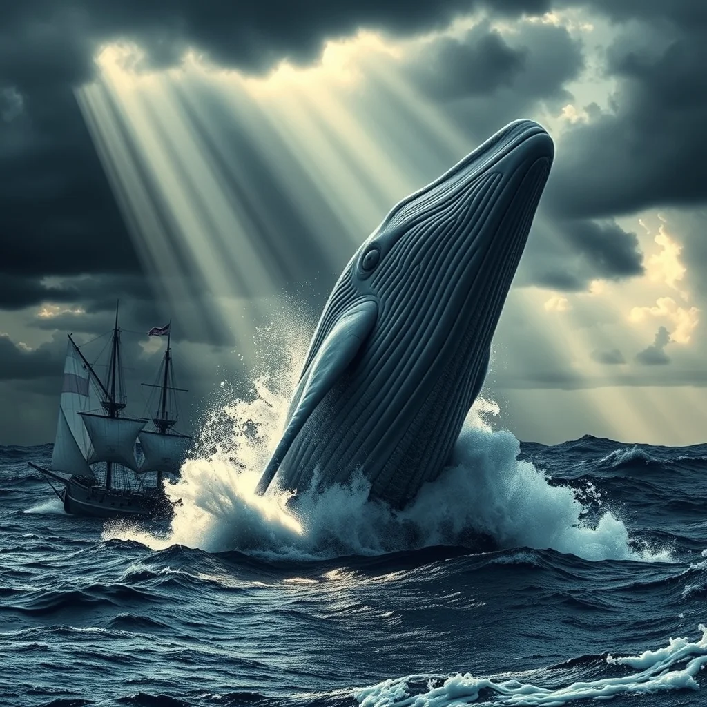 Fırtınalı okyanusta devasa beyaz balinaya yaklaşan ahşap gemiyi betimleyen Herman Melville Moby Dick romanı illüstrasyonu.