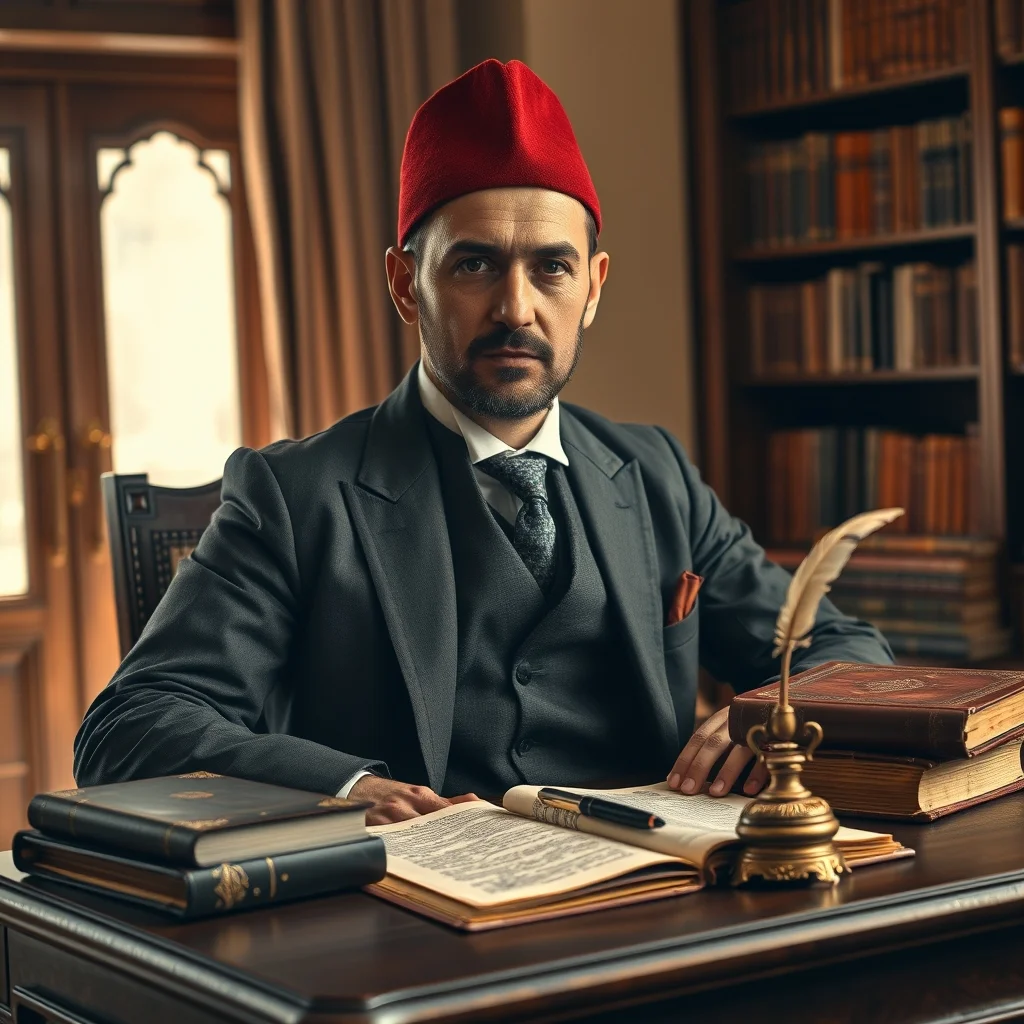 Servet-i Fünun dönemi bağımsız sanatçıları temsil eden Osmanlı yazarı masasında yazı yazıyor.