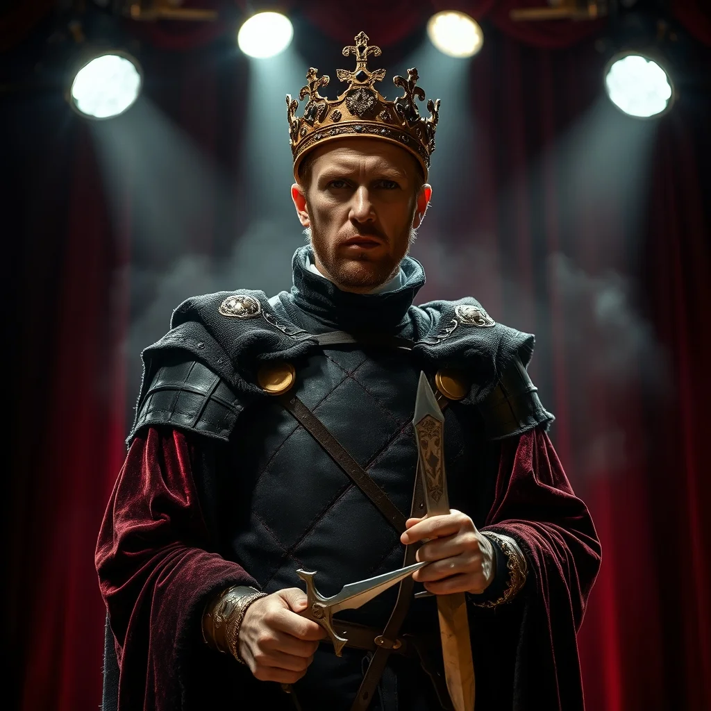 Karanlık bir tiyatro sahnesinde taç tutan hırslı kral figürü ile Macbeth karakter analizi temsili.