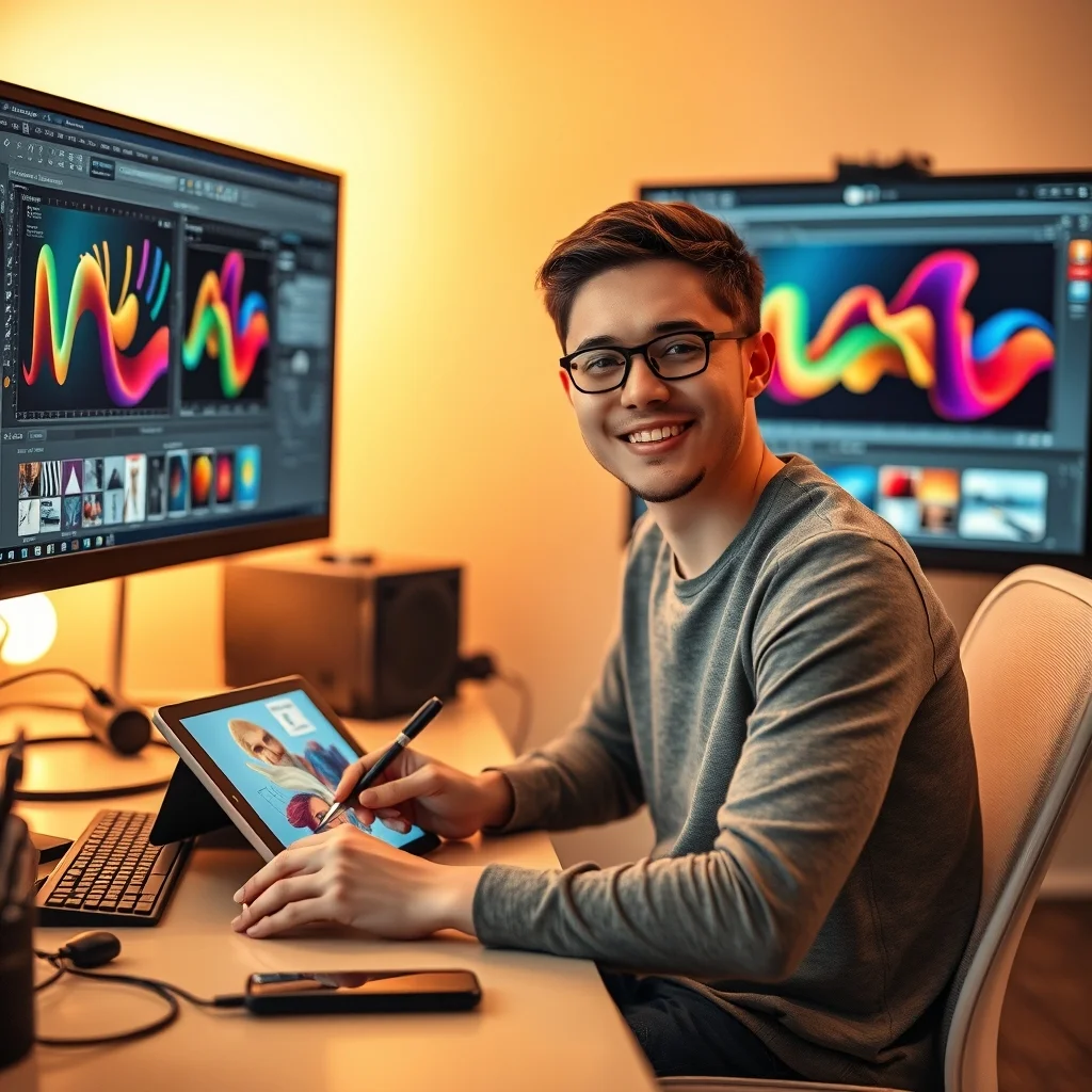 Bilgisayar başında dijital çizim yapan genç, ücretsiz grafik tasarım programları ile yaratıcı içerikler hazırlıyor.